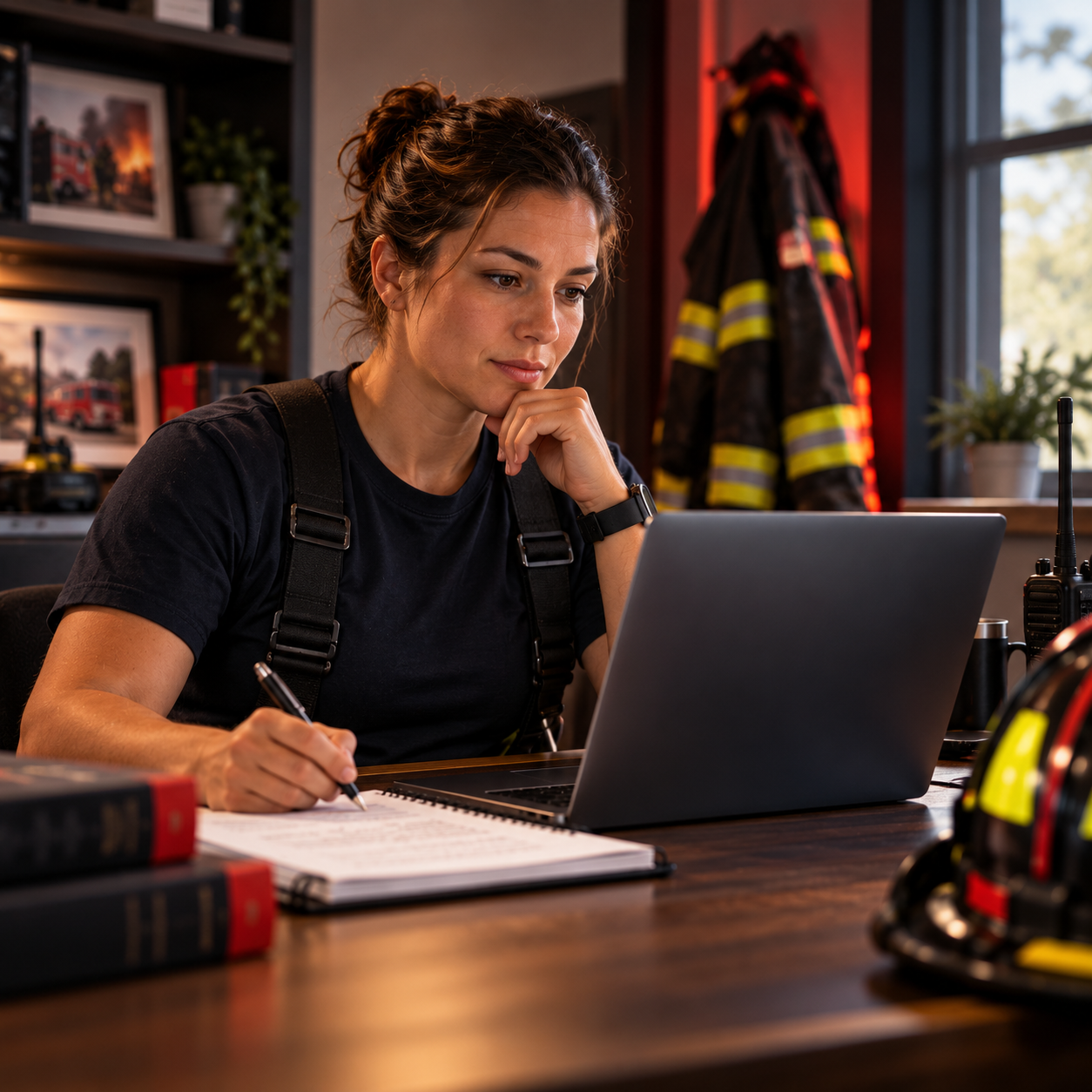 Woman firefighter sitting behind a desk taking notes from a computer screen.